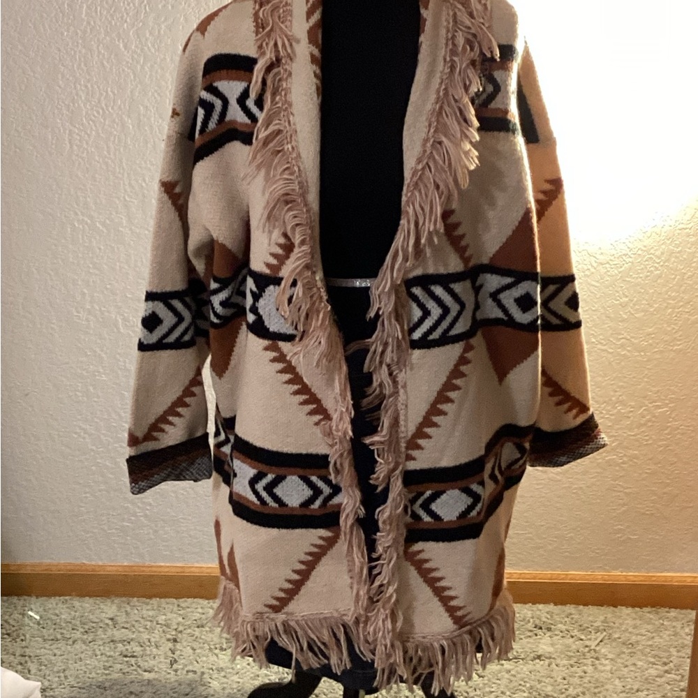 Blue b collection long cardigan Aztec designs with belt